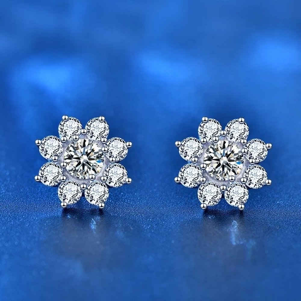 Certified 1ct. t.w. Diamond Flower Earrings 18k White Gold over Italy Silver - Picture 6 of 16